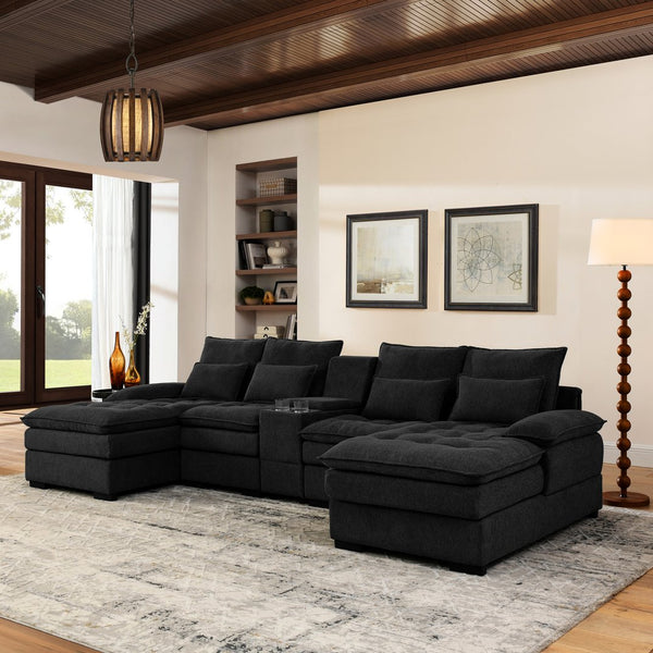 English Elm 130" U-shaped Sectional Sofa Six Seat Linen Upholstered with Built-in Console and Chaise Black W1117S00270