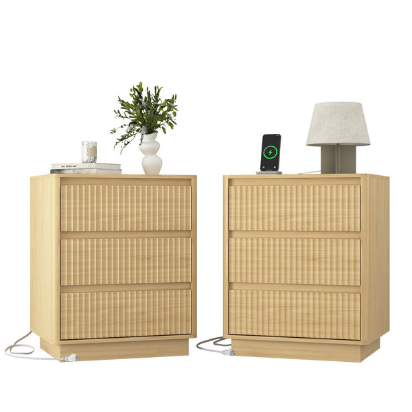English Elm (set Set of 2 Modern End Tables with Usb-c Charging and Three Drawer Storage for Any Room Natural W409P414475