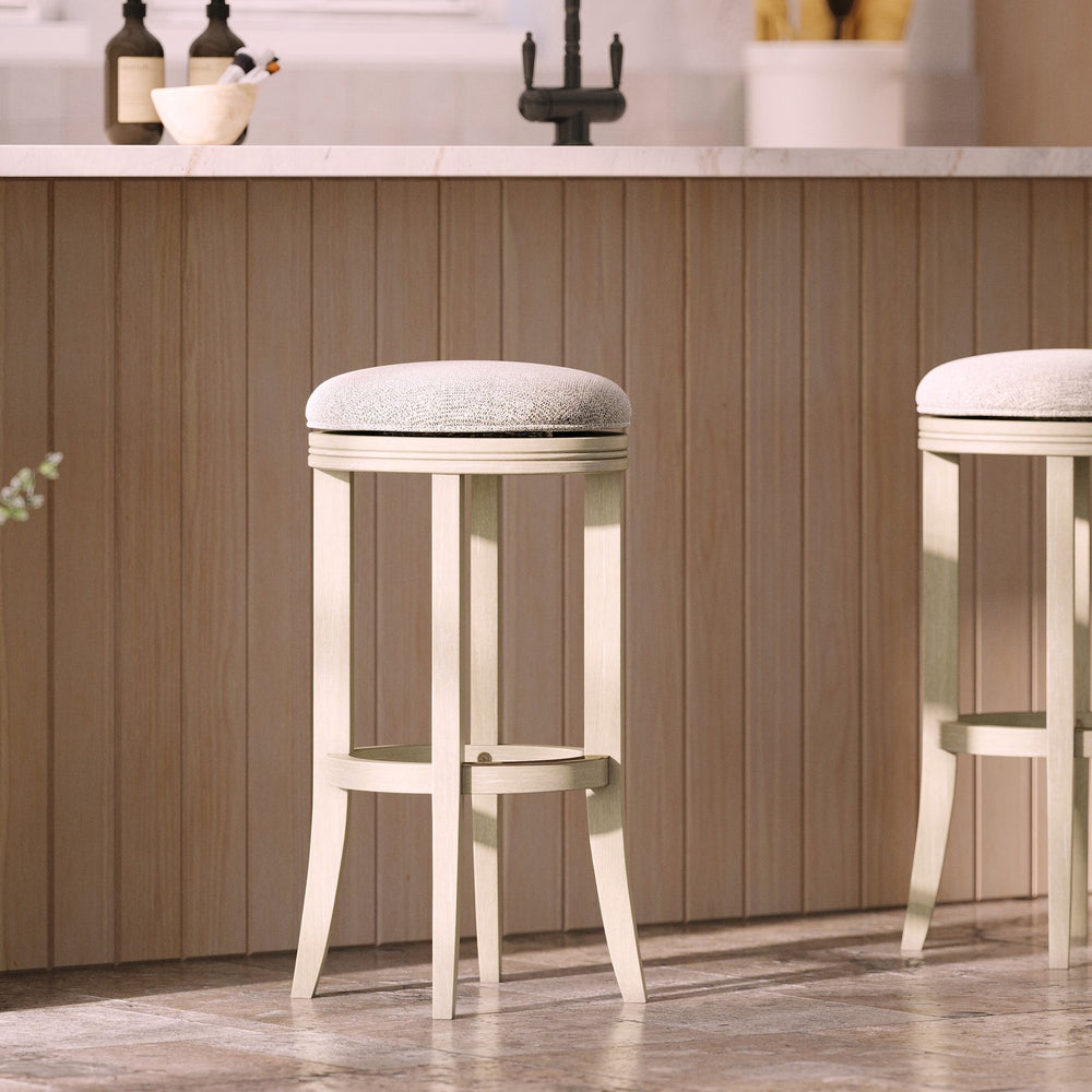 English Elm 31in. Backless Swivel Barstool Solid Wood Curved Legs Upholstered Seat Bar Kitchen Grey+Ivory B2751P436423