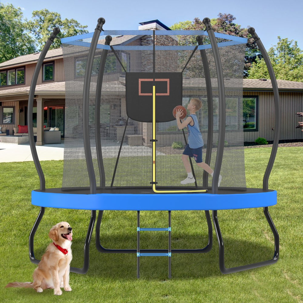 English Elm 8ft Round Backyard Trampoline with Enclosure Net Basketball Hoop and Safety Ladder N739P307894C