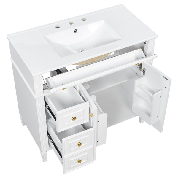 English Elm 36 Inch Freestanding Bathroom Vanity Sage Pine Cabinet Gold Hardware Ceramic Sink White N725P366468K