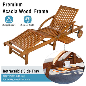 English Elm U_style Acacia Wood Outdoor Chaise Lounger with Reclining Backrest Cushions and Side Tray Beige N711P415859A