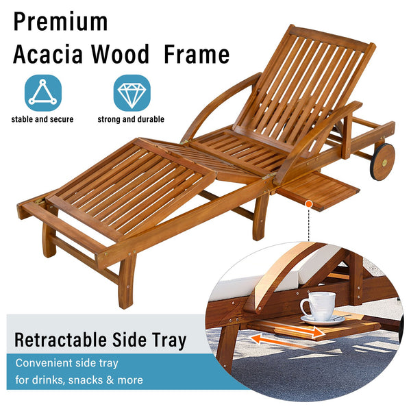 English Elm U_style Acacia Wood Outdoor Chaise Lounger with Reclining Backrest Cushions and Side Tray Beige N711P415859A