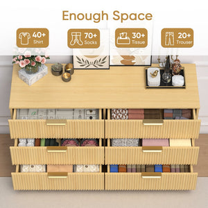 English Elm 6 Drawer Fluted Wood Dresser Natural Finish Compact Chest for Nursery or Bedroom T3773P415502
