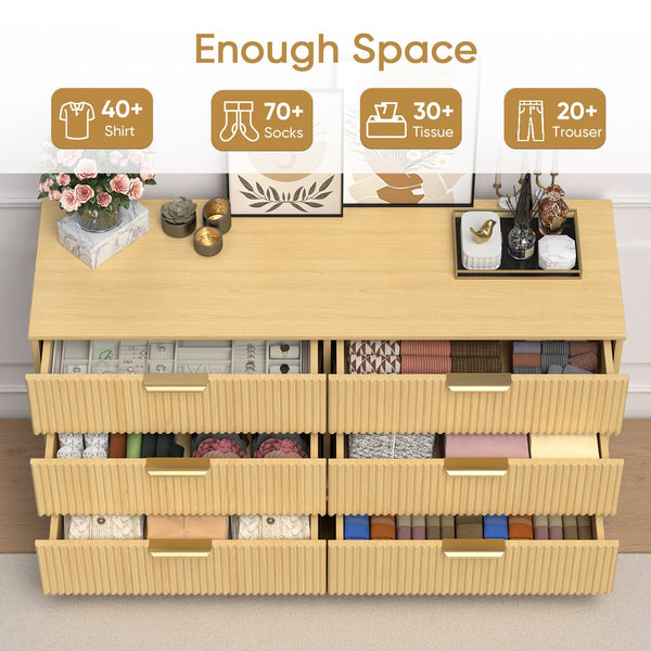 English Elm 6 Drawer Fluted Wood Dresser Natural Finish Compact Chest for Nursery or Bedroom T3773P415502