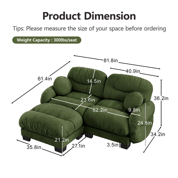 English Elm Pleated Chenille Sectional Sofa with Ottoman Ergonomic Foam Curved Armrests Living Room Green W5656S00047