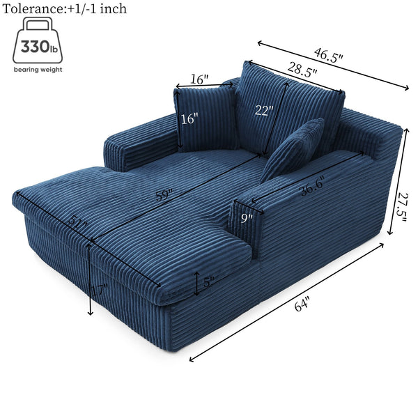 English Elm 64''x46'' Chaise Lounge Chair Oversized Corduroy Faux Fur Cloud Sofa Bed with Ergonomic Pillows & Support Blue W1117P283585