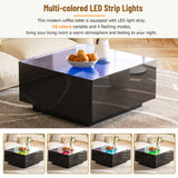 English Elm Square High Glossy Coffee Table With 16-Color Led Strip Lights, Modern Center Table With 5Mm Frosted Tempered Glass Top For Living Room, Black, 27.5*27.5In