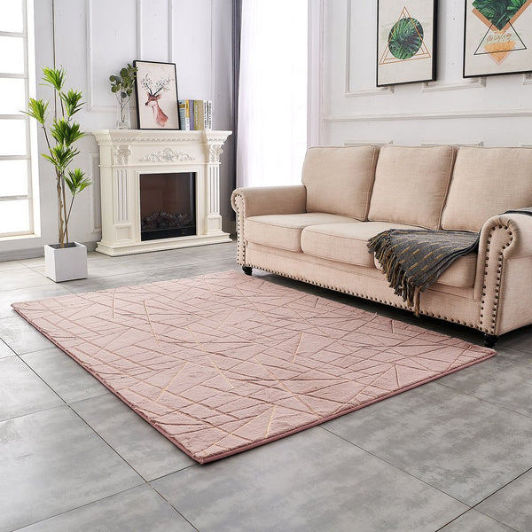English Elm Luxury Dust Pink Geometric Abstract Faux Fur Area Rug With Gold Accents – Machine Washable Comfort B030P233694