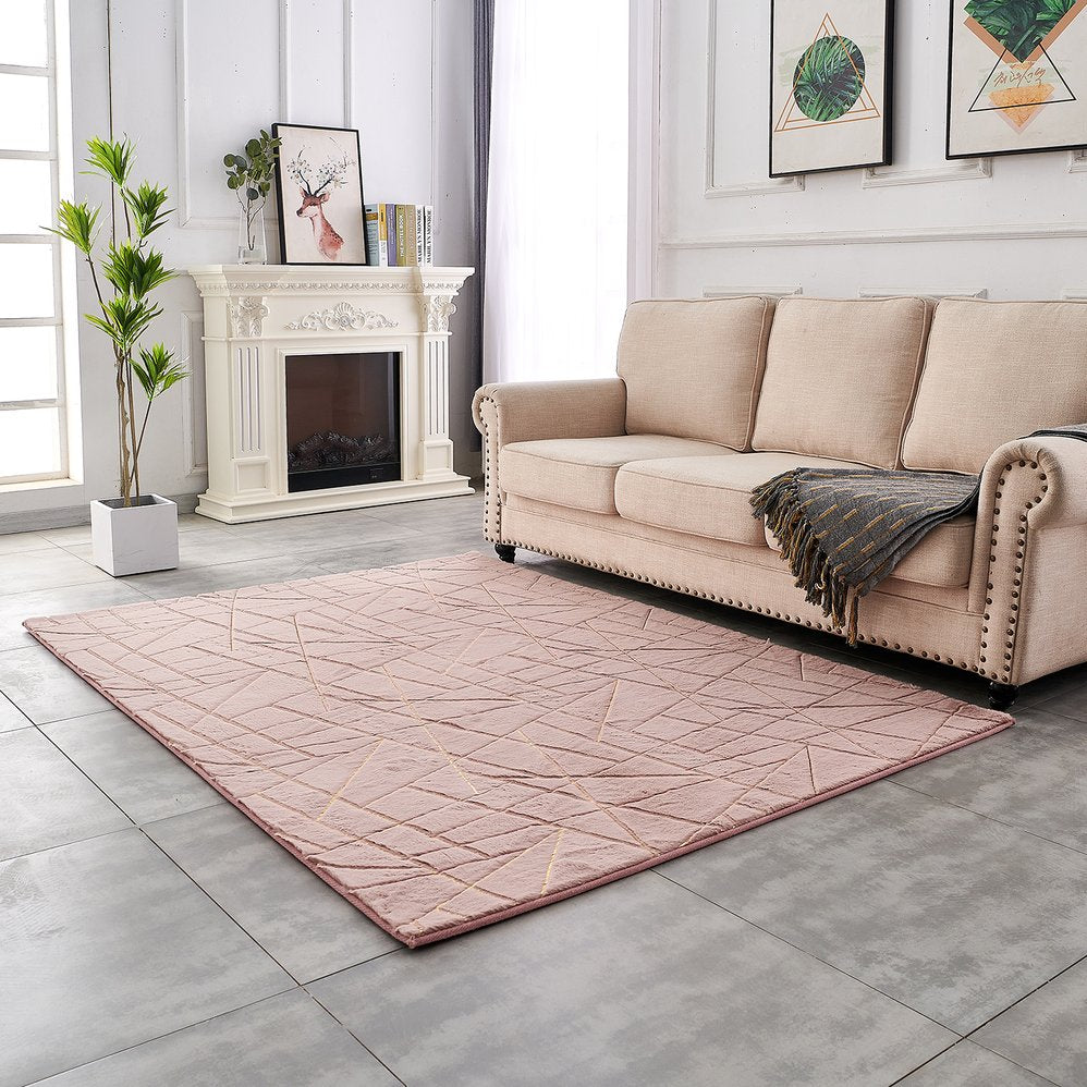 English Elm Luxury Dust Pink Geometric Faux Fur Area Rug With Gold Accents - Machine Washable & Soft Comfort B030P233697