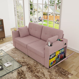 English Elm Sofas for Living Room Chenille Three Seat Couch with Usb Charging Storage and Cup Holder Pink W395S00147