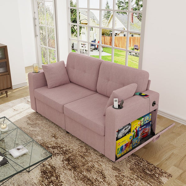 English Elm Sofas for Living Room Chenille Three Seat Couch with Usb Charging Storage and Cup Holder Pink W395S00147