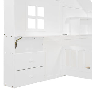 English Elm Twin House Bed Frame with Drawers Shelves and Usb Charging for Kids Bedroom LT000422AAK-1