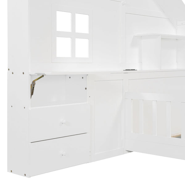 English Elm Twin House Bed Frame with Drawers Shelves and Usb Charging for Kids Bedroom LT000422AAK-1