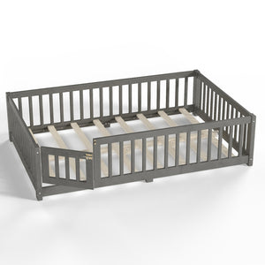 English Elm Twin Floor Bed Solid Pine Frame with Guardrails and Door for Safe Kid Sleep W1580P433578