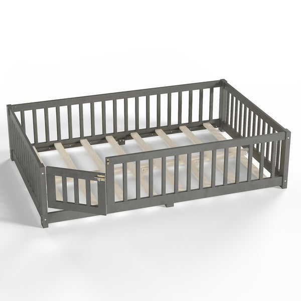 English Elm Twin Floor Bed Solid Pine Frame with Guardrails and Door for Safe Kid Sleep W1580P433578