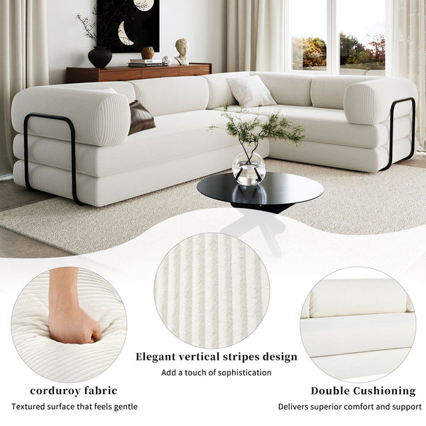 English Elm U_style Modular Corduroy Sectional Sofa Converts to Guest Bed for Apartment Living Beige WY000463AAA