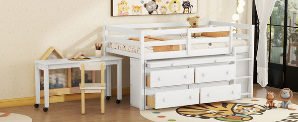 English Elm Twin Loft Bed Pinewood Frame Four Drawers Retractable Study Desk Kids Bedroom White LT000368AAK