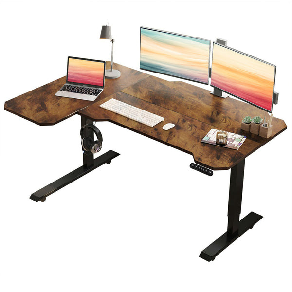 English Elm L-shaped Electric Standing Desk with Memory Presets and Cable Management for Home Office Rustic Brown W614P431986