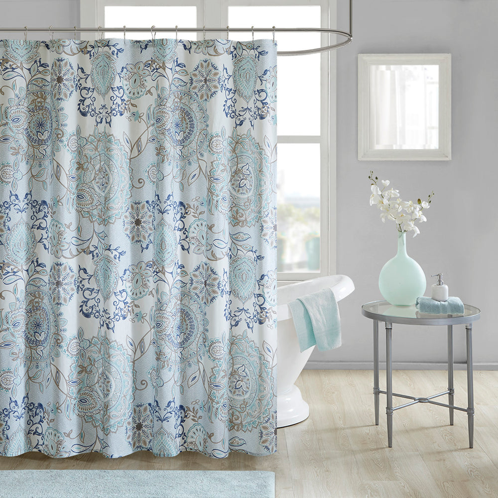 JLA Home Madison Park - Printed Cotton Shower Curtain — Soft Blue Floral & Medallion Percale, OEKO-TEX, 72"x72", Machine Washable MP70-5822