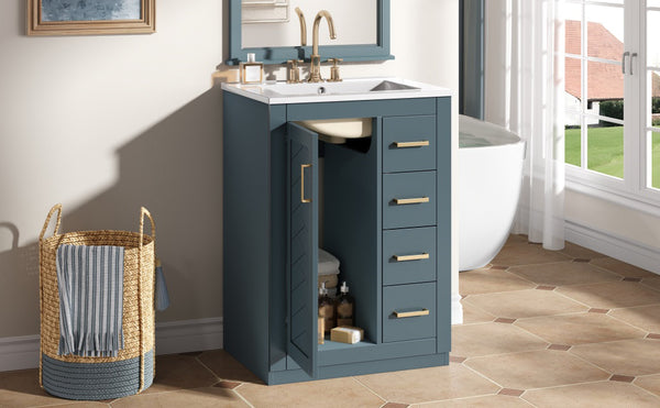 English Elm 24" Bathroom Vanity With Ceramic Sink - Stylish Blue Cabinet, Soft-Close Drawers & Modern Elegance N710P341038C