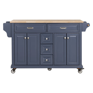 English Elm Kitchen Island durable rubberwood countertop kitchen cart on casters with towel rack, spice shelf, 5 drawers and adjustable shelving for organized meal prep and mobility Blue W914S00005