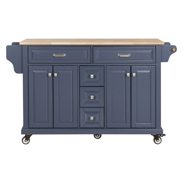 English Elm Kitchen Island durable rubberwood countertop kitchen cart on casters with towel rack, spice shelf, 5 drawers and adjustable shelving for organized meal prep and mobility Blue W914S00005
