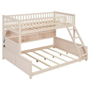 English Elm Twin Xl Over Queen Bunk Bed with Led Lighting Shelving and Pegboard Pinewood Frame Beige LT000280AAA