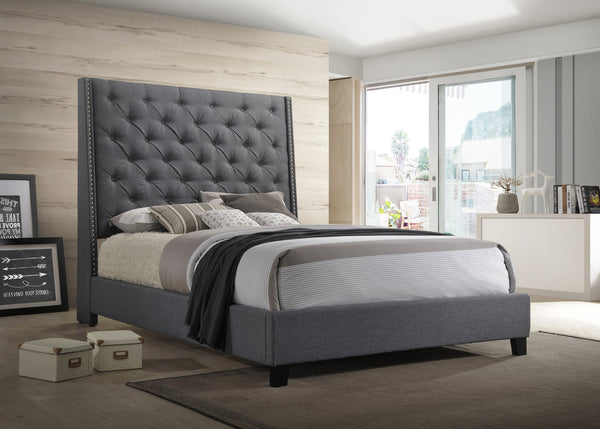 English Elm 1Pc Contemporary Queen Panel Bed With Button Tufted Headboard, Demi-Wings & Nailhead Trim In Gray B011S01443