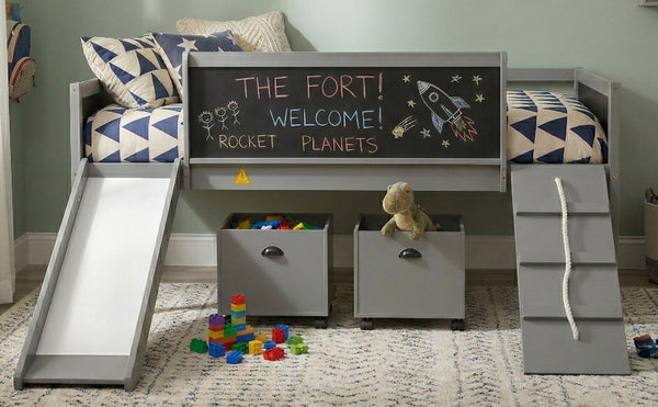 English Elm Twin Kids Loft Bed Solid Pine Frame with Slide Chalkboard and Climbing Rope Play Zone Gray N708P340493E
