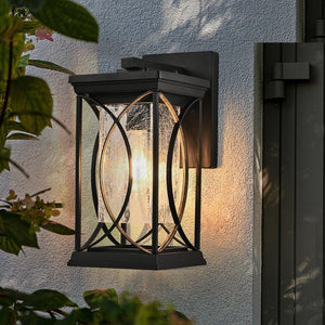 English Elm 14"(H) Black Outdoor Wall Lantern with Crackled Glass - Weatherproof Modern Porch Sconce, E26 Ready, Durable Metal Frame W2312P374978