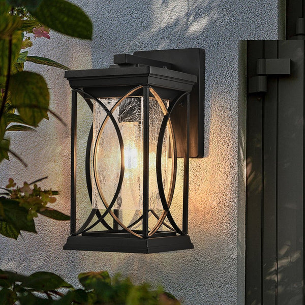 English Elm 14"(H) Black Outdoor Wall Lantern with Crackled Glass - Weatherproof Modern Porch Sconce, E26 Ready, Durable Metal Frame W2312P374978