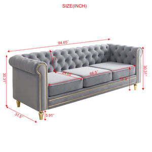 English Elm Chesterfield 84.65" Rolled Arm Velvet Sofa Light Grey with Gold Trim, Deep Tufting & Plush Seats W579P326878