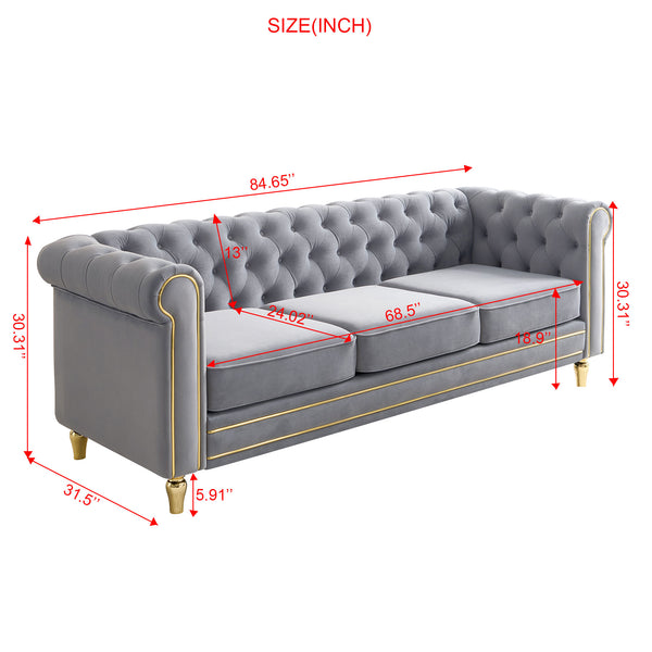 English Elm Chesterfield 84.65" Rolled Arm Velvet Sofa Light Grey with Gold Trim, Deep Tufting & Plush Seats W579P326878
