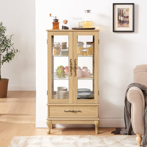 English Elm Curio Lighted Glass Display Cabinet with Adjustable Shelves, Vintage Drawer & Carved Metal Handle, Dark Finish Light Oak W2275P199814