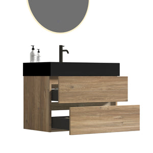 English Elm 30' Mid-Century Wall-Mounted Vanity with Oak-Tone Walnut Finish, Extra Storage & Soft-Close Drawers Oak W1865S00165