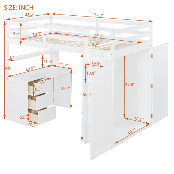 English Elm Twin Loft Bed with Built-in Desk Wardrobe and Drawers Solid Pine Space Saver White LT000301AAK-2