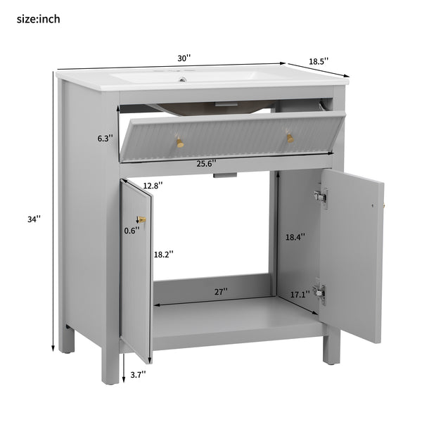English Elm 30'' Modern Bathroom Vanity Set With Ceramic Sink, Soft-Close Doors, Grey Finish, Ample Storage Options N710P228367E