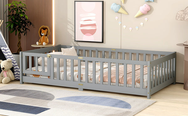 English Elm Twin Low Profile Rubberwood Floor Bed with Full Safety Fence for Toddler Rooms Grey W504P429267