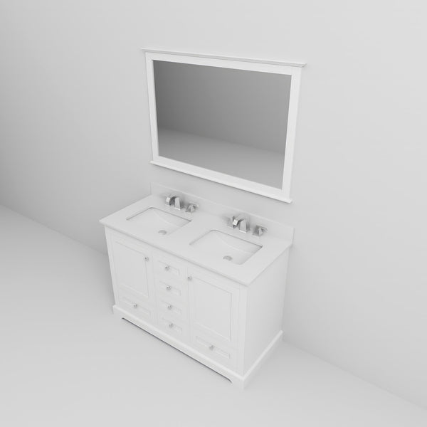 English Elm White Double Bath Vanity 48 in with Cultured Marble Scratch‑Resistant Top, Faucet & 46in Mirror, Chrome B2731S01006