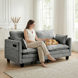 English Elm Modern Chenille Three Seat Sofa with Ottoman Usb Charging Ports and Storage Pockets Dark Grey W2519S00003