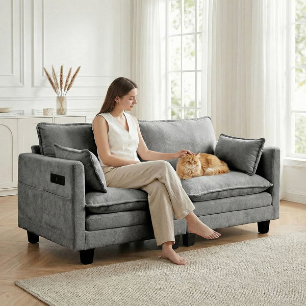 English Elm Modern Chenille Three Seat Sofa with Ottoman Usb Charging Ports and Storage Pockets Dark Grey W2519S00003