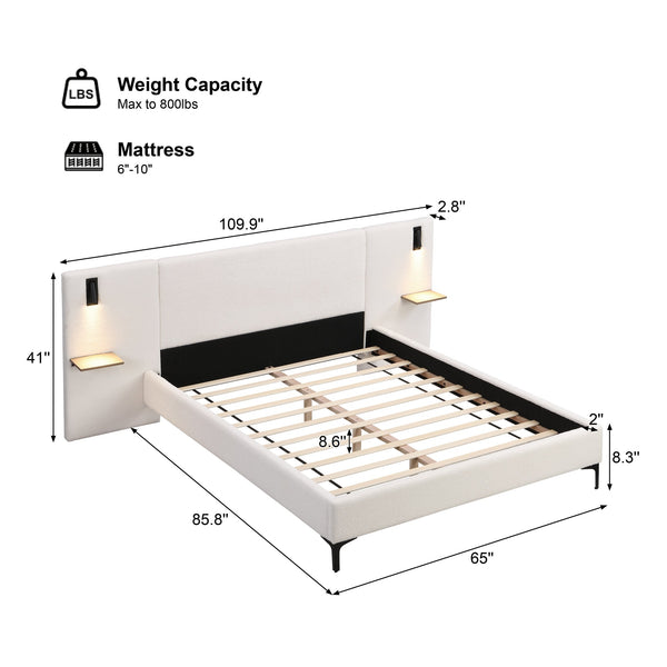 English Elm Christopher Knight Home® - Chic Boucle Upholstered Bed With Integrated Lighting & Shelves, Modern White Design, Queen Size N769P264793Q