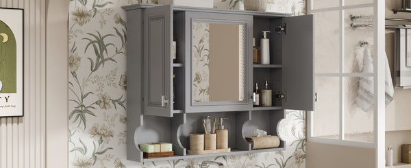 English Elm 35'' Modern Wall-Mounted Medicine Cabinet with Mirror, Hidden Storage and Open Shelves for Bath Gray N710P209443E