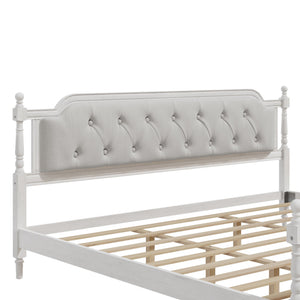 English Elm Traditional Solid Wood Bed Frame with Tufted Upholstered Headboard, No Box Spring Needed, Sturdy 400 lb Capacity Antique White 83.5 L x 22.25 W x 10.4 H N701P242572K