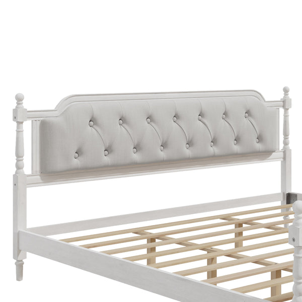 English Elm Traditional Solid Wood Bed Frame with Tufted Upholstered Headboard, No Box Spring Needed, Sturdy 400 lb Capacity Antique White 83.5 L x 22.25 W x 10.4 H N701P242572K
