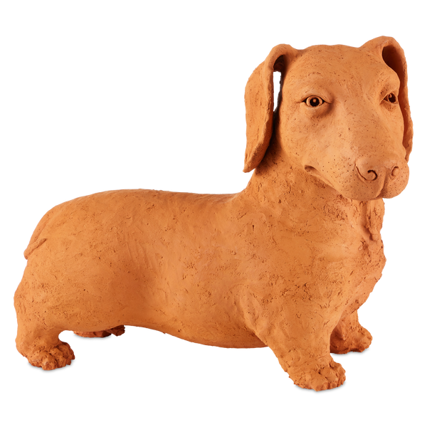 Rocky the Teckel: Whimsical Terracotta Dachshund Sculpture by Thai Artist Nhut Nhathawut, 15.75” High