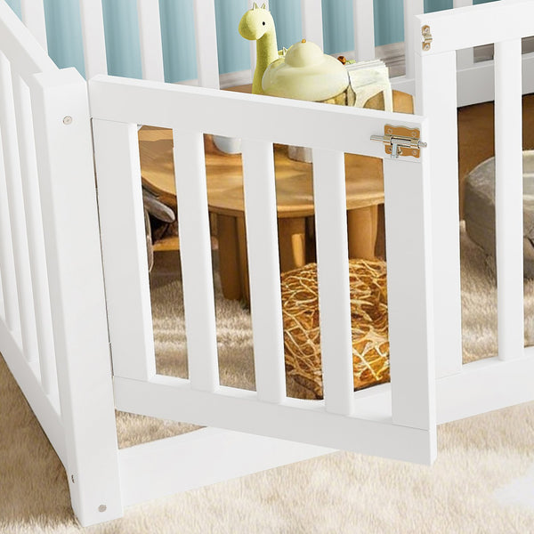 English Elm Twin Floor Bed Pine Wood Frame with Guardrails and Door for Safe Toddler Sleep W1580P417668