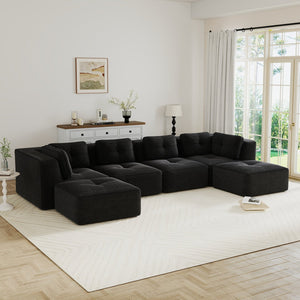 English Elm Modern Corduroy U-shaped Sectional with Deep Seating Two Ottomans Tufted Detail Black W714S01794