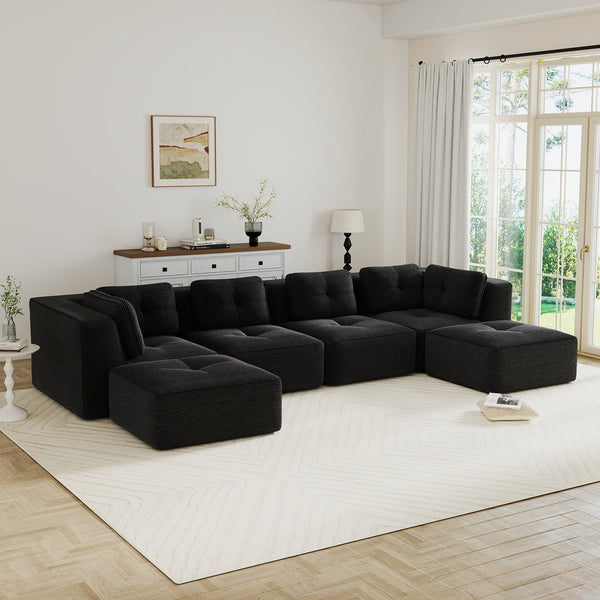 English Elm Modern Corduroy U-shaped Sectional with Deep Seating Two Ottomans Tufted Detail Black W714S01794